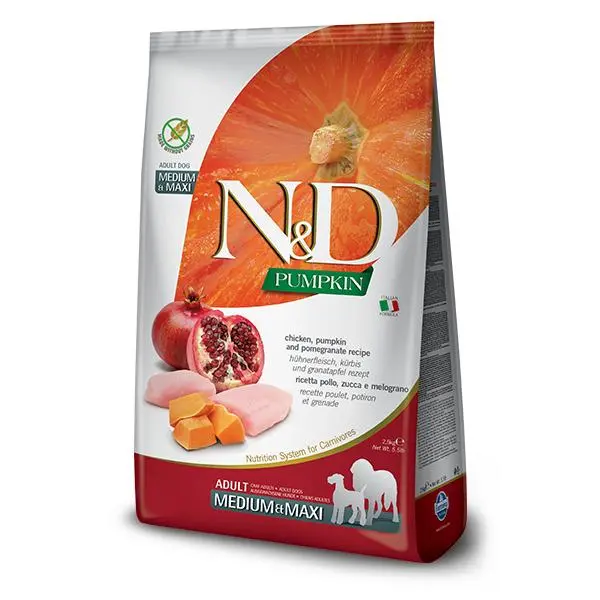 FARMINA N&D DOG PUMPKIN MEDIUM MAXI POLLO 2,5KG / Alimento completo para perros adultos de razas de tamaño mediano y gigante. Elaborado a base de pollo, calabaza y granada. - 1