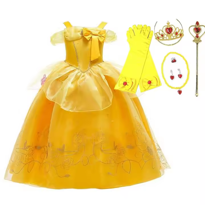 Vestido De Princesa Floral Sin Mangas Para Niñas Disfraz De Belle Y La Bestia Ropa De Fiesta Carnaval Halloween Talla True Mid-Calf Polyester - 1