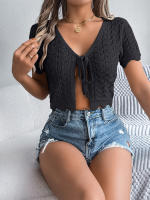 Cardigan De Punto Para Mujer Verano Otoño Ligero De Visón Manga Corta Cuello Redondo Estilo Casual Color Sólido Con Agujeros - details 24