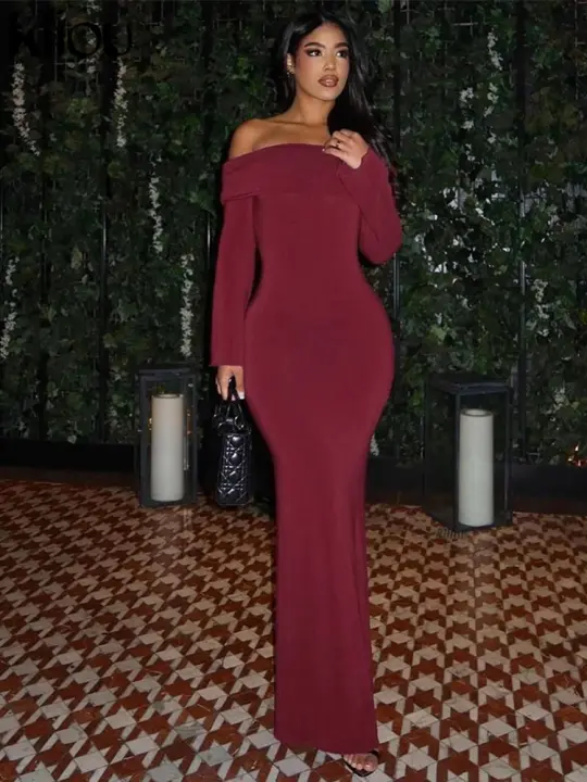 Vestido De Hombros Descubiertos Kliou Para Mujer Estilo Clásico De Calle Alta Manga Completa Hueco Vestido Delgado Sencillo Elegante De Fibra Sintética - 1