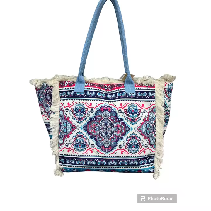 MEJORADA Bolso de playa o piscina grande con estampados del estilo original con fleco de borla blanco de algodon,tamaño 55*37*19CM.contiene bolsillos interior y forros.tejido 100% poliéster - 1