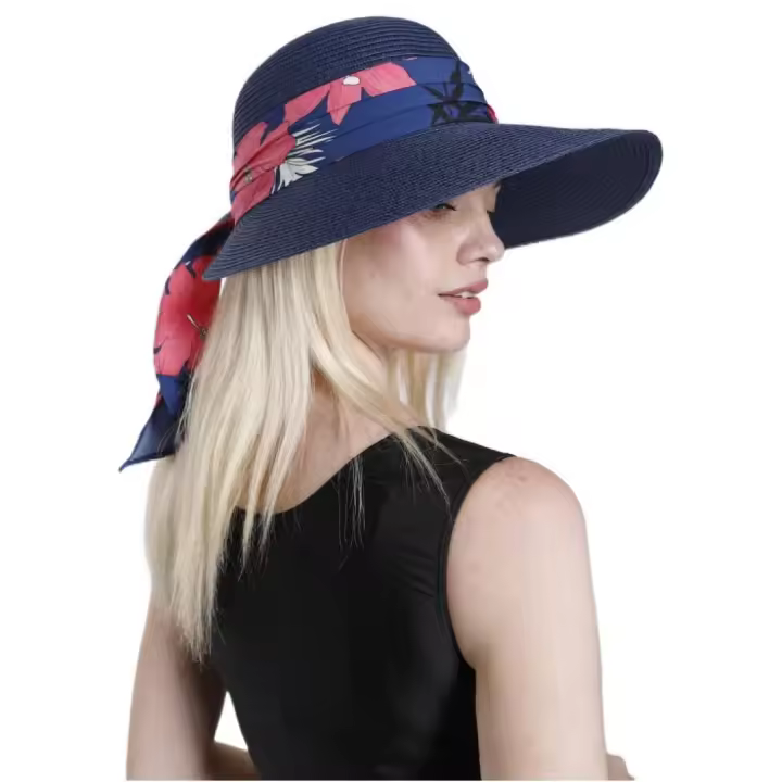 Kebedo Moda Sombrero de paja para Mujer con Banda Floral, Pamela con ala Ancha, Gorro para el Sol, Sombrero Visera Transpirable, Talla única Ajustable para Playa, Verano, Piscina, Vacaciones, Viaje - 1