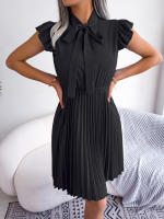 Vestido Elegante De Mujer Con Cintura Alta Y Volantes Para Primavera Y Verano Estilo Casual Collar Con Lazo Cuello Alto Y Mangas Batwing - details 27