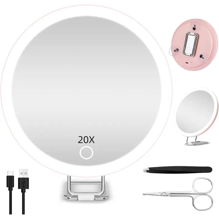 Espejo Compacto LED, Espejo de Aumento 20X con luz, Espejo de Viaje de 15cm con Aumento, Espejo de Aumento Iluminado Recargable, Espejo de Maquillaje portátil Regalo - 1