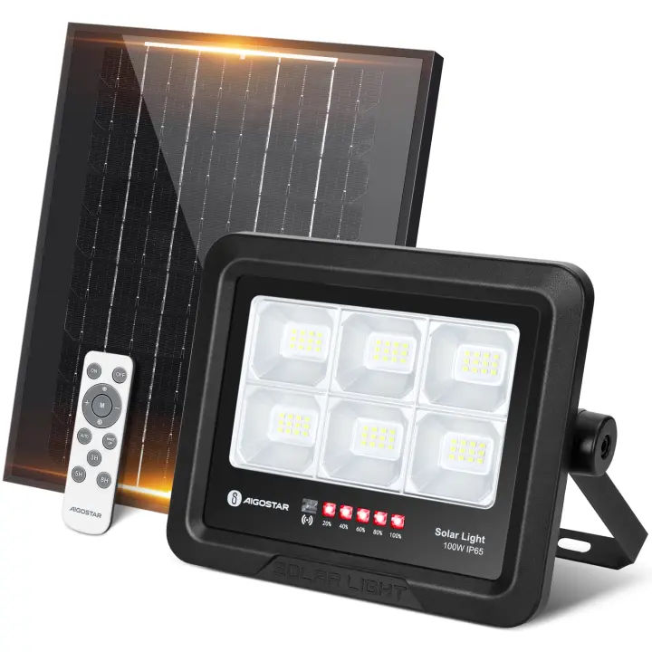 Aigostar Foco Proyector LED Solar con mando a distancia 50w, Blanco Frío 6500K, Foco Solar Exterior Impermeable IP65,Proyector LED Exterior con Brillo y Sincronización ajustables para Jardín,Garaje - 1