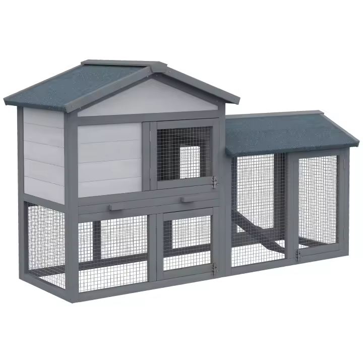 PawHut Conejera Madera de Exterior Jaula para Conejo con Bandeja Extraíble Rampa Antideslizante Incorporadas Puertas Gran Espacio de Actividades 147x54x84 cm Gris - 1