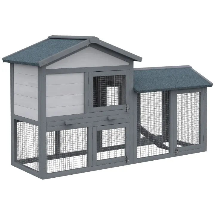 PawHut Conejera Madera de Exterior Jaula para Conejo con Bandeja Extraíble Rampa Antideslizante Incorporadas Puertas Gran Espacio de Actividades 147x54x84 cm Gris - 1