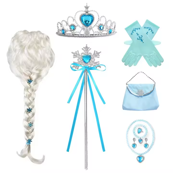 Juego De Accesorios De Cosplay De Elsa Princesa Con Guantes Varita Corona Joyería Peluca Rizada Para Niñas Disfraz De Reina De Hielo - 1