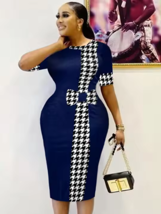Vestido Elegante Para Mujer LW Con Estampado Cuadriculado Cuello Redondo Manga Corta Largo Hasta La Rodilla Para Oficina Vestido Bodycon De Cintura Natural - 1