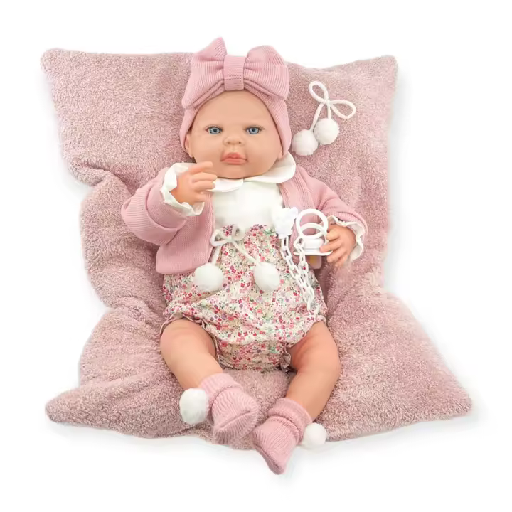 MUÑECO REBORN CHAQUETA ROSA PALO Y POLOLO FLORES  MECANISMO BESISTOS Y ALMOHADA ROSA MAQUILLAJE: 18501-24 50 CM (Berjuan) - 1