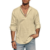 Camisa Hombre Manga Larga Cuello Erguido Algodón Casual Ligera Streetwear Transpirable Negocios Color Sólido Tops - details 6