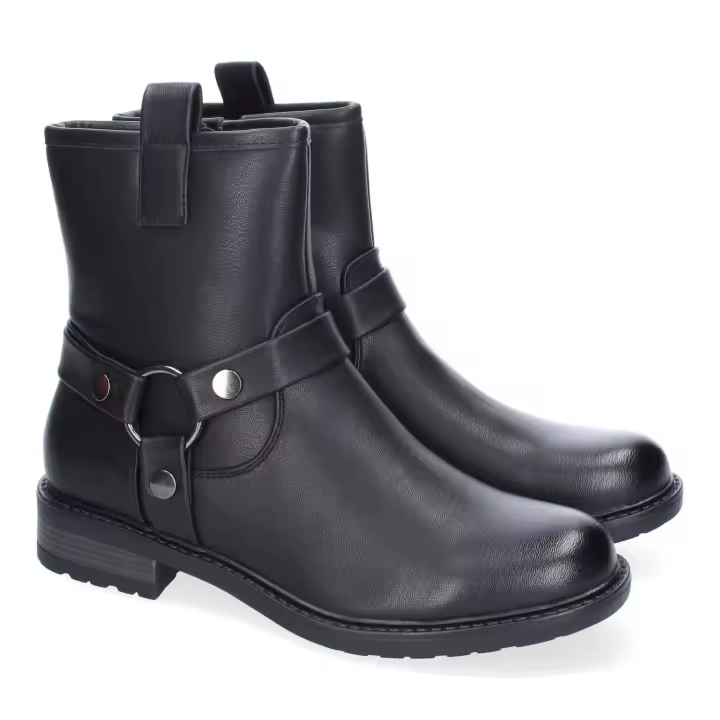 PuntoSalao Botines estilo motero tacón bajo para mujer color negro YZ24-005 - 1