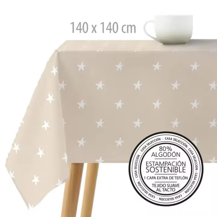 Dcasa Mantel resinado antimanchas de estrellas beige de tela de 140x140 cm - 1