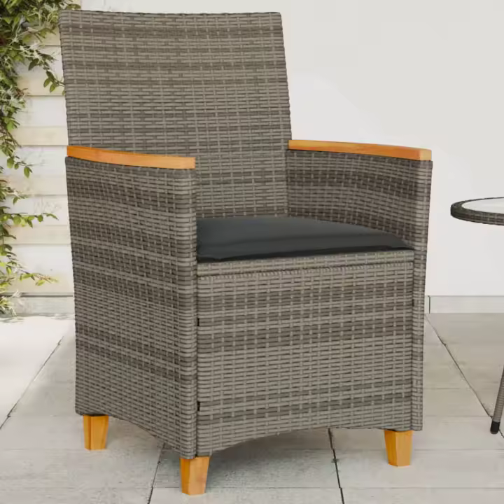 vidaXL Sillas de jardín y cojines 2 uds ratán PE gris y madera maciza - 1