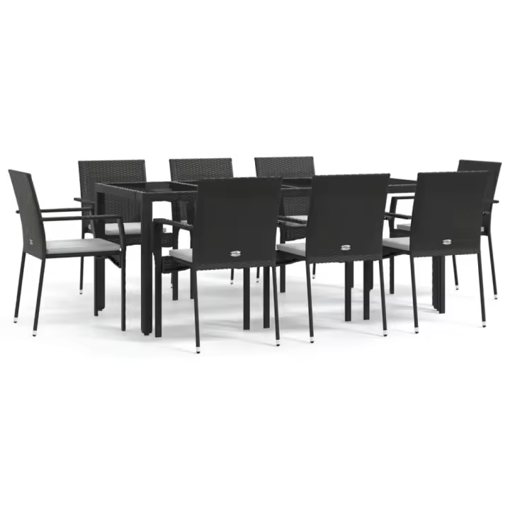 vidaXL Set de comedor de jardín 9 pzas y cojines ratán sintético negro - 1
