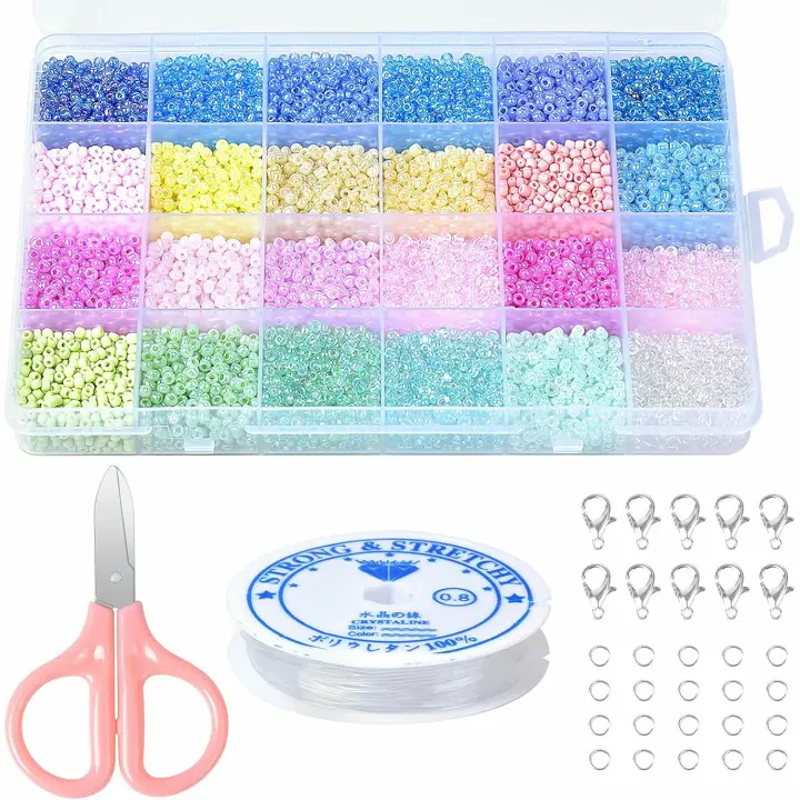 14400pcs Cuentas de Cristal Colores, 3mm Abalorios de Vidrio, Abalorios de Cristal, Abalorios Para Hacer Pulseras, Kit de Cuentas con Cordón Elástico y Otros Accesorios para DIY Pulseras Bisutería - 1