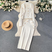 Conjunto De Ropa De Mujer REALEFT Otoño Invierno 3 Piezas Traje De Tejido Knitted Cardigan De Botón Sencillo Y Tops Falda Elegante Para Oficina - details 31