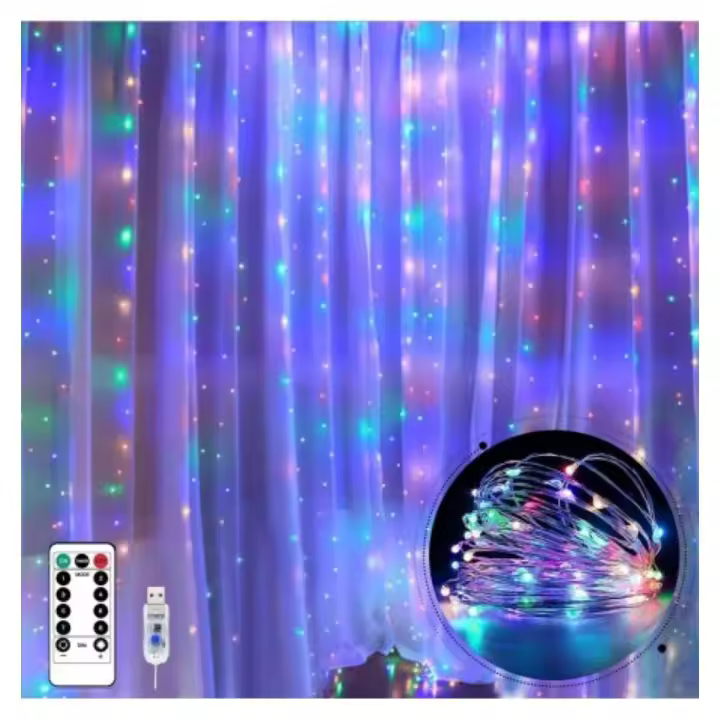 Luces LED de Cortina USB con Mando a Distancia 8 Modos de Luz, Resistente al agua (3x3 metros - 300 Led, Multicolor) COSHANO - 1