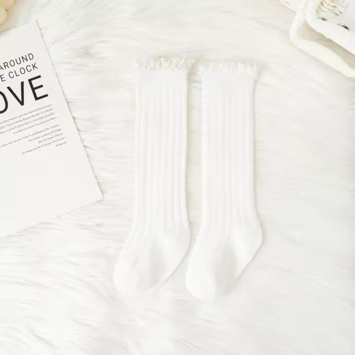 Calcetines Largos Para Niñas Ruffle Suaves De Algodón Con Encaje Y Flores Para Escuela Uniforme Infantil Para 0-8 Años Colores Variados - 1