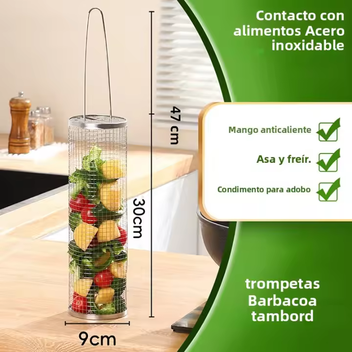 Cesta De Asado De Acero Inoxidable Para Camping Y Exterior Malla Redonda Para BBQ En Campamento Caja De Asado Portátil Con Rodillos - 1