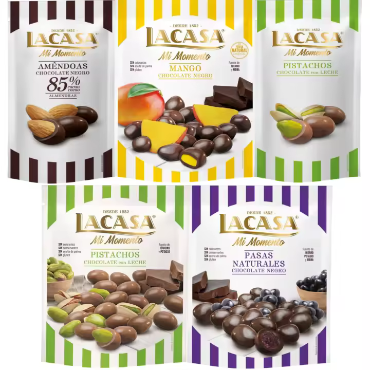 Lacasa Mi Momento pack de 5:Pistacho Chocolate Leche,Almendra 85% ,Pasas Chocolate Negro ,Pistacho Chocolate Leche ,Mango Chocolate Negro - 1