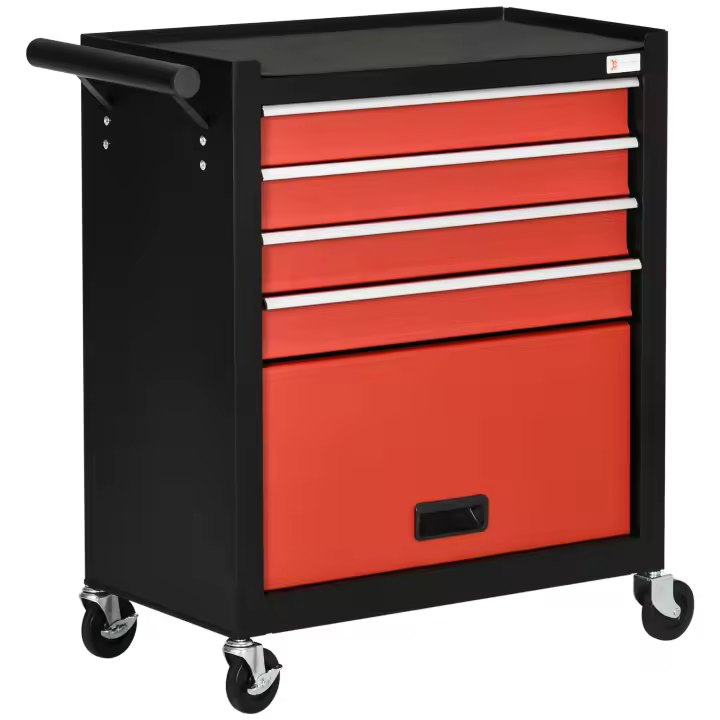 DURHAND Carro de Herramientas Taller Móvil con Ruedas 4 Cajones Compartimento de Almacenamiento y Asa Lateral Carga 130 kg para Garaje Hogar 69x33x75 cm Negro y Rojo - 1
