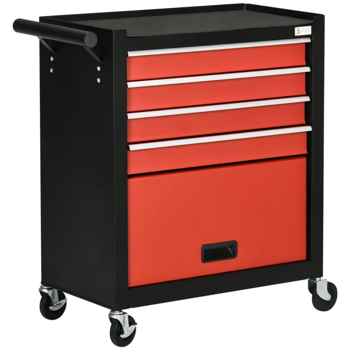 DURHAND Carro de Herramientas Taller Móvil con Ruedas 4 Cajones Compartimento de Almacenamiento y Asa Lateral Carga 130 kg para Garaje Hogar 69x33x75 cm Negro y Rojo - 1