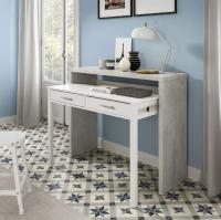 Meimon Mesa auxiliar extensible con 2 cajones, guías metálicas, ruedas en módulo extraíble, estructura de melamina E1, cantos PVC, patas y cajones en MDF lacado blanco, tiradores ABS gris aluminio, 98,5x36/66x87,5 cm, capacidad total 25 kg - details 0