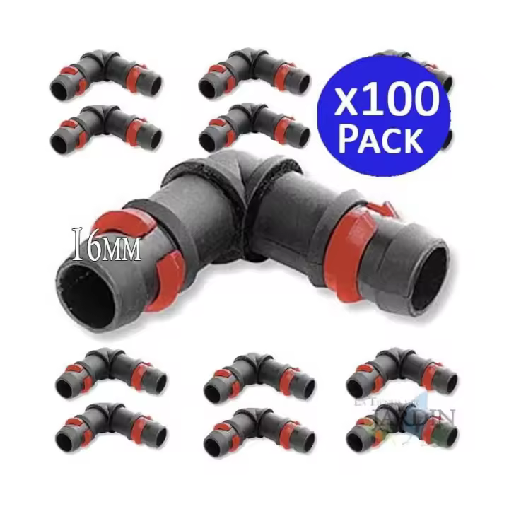 Suinga - Codo de Goteo con Anilla de Seguridad para Tubería de 16mm - Negro - Pack de 100 - 1