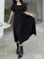 Vestido Midi Oscuro Vintage HOUZHOU Para Mujer Elegante Con Cuello Cuadrado Manga Flotante Sobredimensionado Casual De Verano - details 4