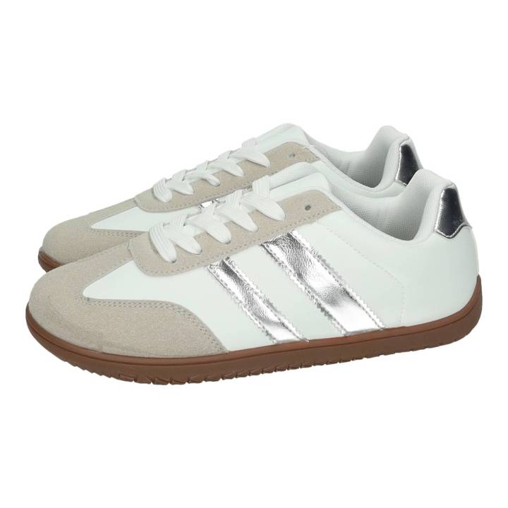 Zapatillas marca DEMAX para mujer en color blanco-oro. Zapatillas deportivas mujer DEMAX blancas con detalles dorados y suela marrón