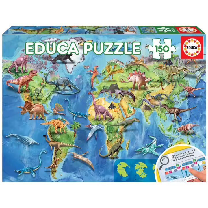 Puzzle Mapamundi Dinosaurios 150 piezas 48x34cm, Puzzle Infantil Dinosaurios, Juego Buscar en Mapa para Niños y Niñas de 6 a 8 años, Regalo Cumpleaños, Navidad, Reyes - 1