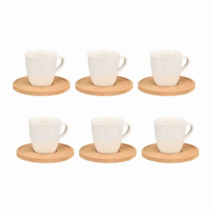Set de 6 Tazas de Café de Porcelana con Base de Bambú, Capacidad de 90 ml, Diseño Minimalista en Color Blanco, Ideal para Café, Perfecto para Uso Diario, Decoración de Cocina o Regalos Especiales - 1