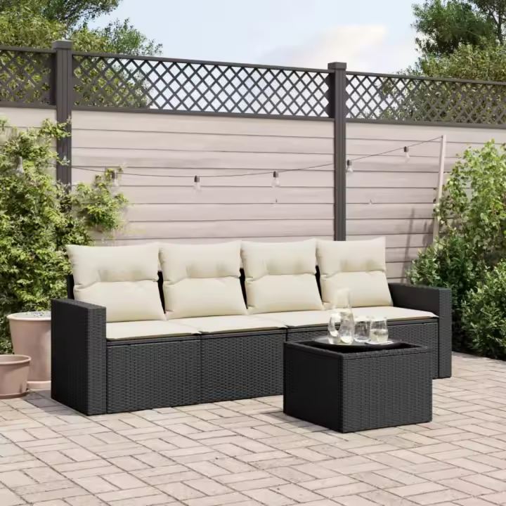 vidaXL Set de muebles de jardín 5 pzas y cojines ratán sintético negro - 1