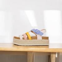 Sandalias de mujer planas con plataforma de efecto Esparto diseño de tiras rectas de colorines Beige Rosa Amarillo Azul con pulsera al tobillo  m260d - details 1
