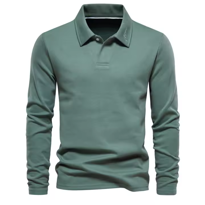 Primavera y otoño nuevos hombres lavados de manga larga con cuello casual tops de color sólido solapas de moda polo versátil - 1
