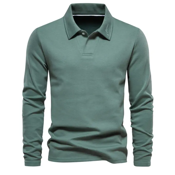Primavera y otoño nuevos hombres lavados de manga larga con cuello casual tops de color sólido solapas de moda polo versátil - 1