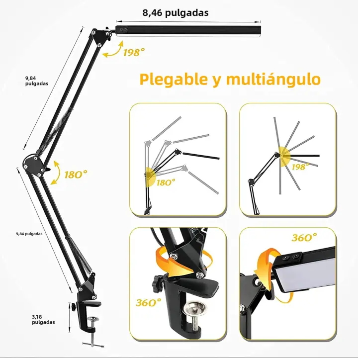 Lámpara De Escritorio LED Ajustable Con Braza Paseante Luz De Lectura Para Estudio Trabajo Noche Material ABS Y Aluminio - 1