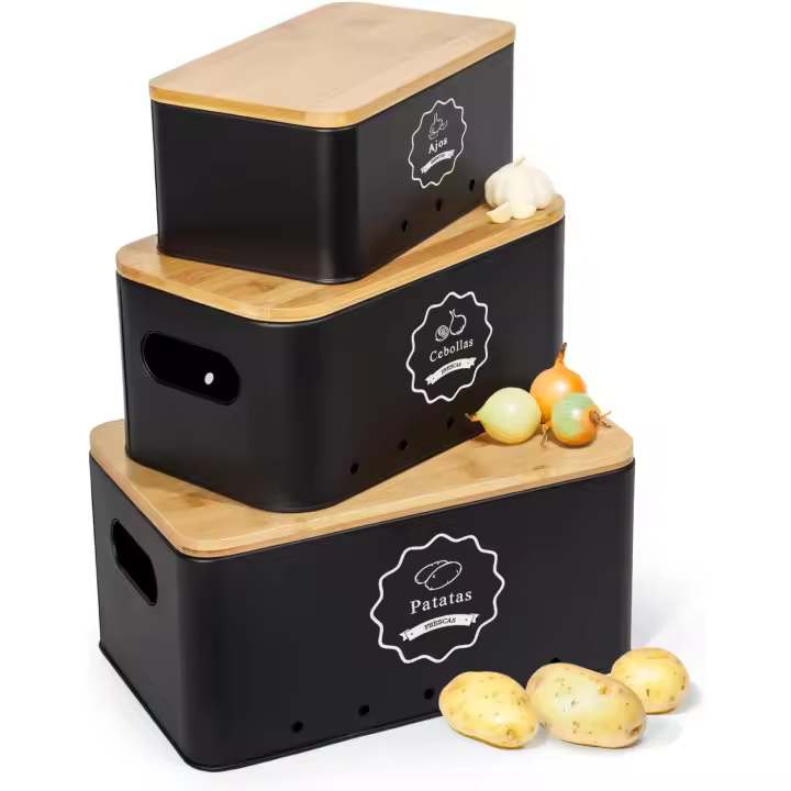 Caja de almacenamiento de patatas, juego de 3 recipientes, almacenamiento de cocina para patatas, cebollas y ajos, Juego de tarros para patatas, cebollas y ajos-para mantener más frescos - 1