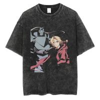 Camiseta De Algodón Casual De Verano Con Impresión De Anime Japonés FULLMETAL ALCHEMIST Vintage Washed Estilo Callejero Para Hombres Sin Capucha Cuello Redondo - details 1