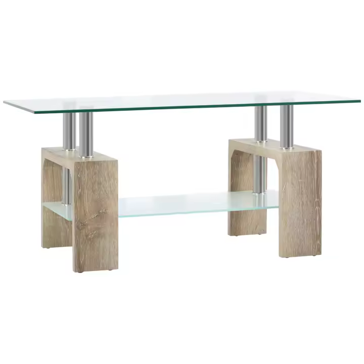 HOMCOM Mesa de Centro Rectangular Mesa Auxiliar de Salón con 2 Estantes de Vidrio Templado Marco de Acero Inoxidable y Patas de Madera Estilo Moderno 90x50x42 cm Natural - 1