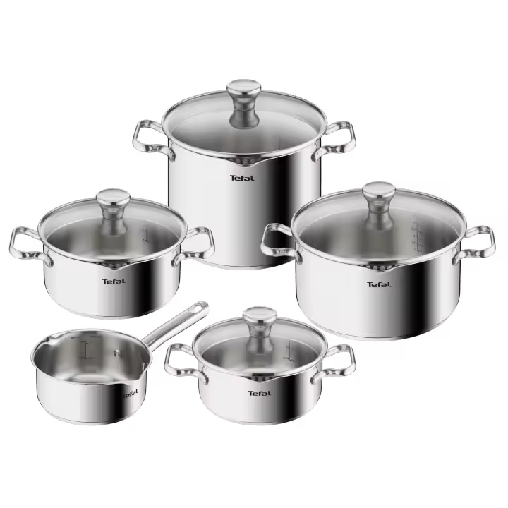 Duetto On de Tefal, Batería de Cocina, Juego de 9 piezas, Cazo 16 cm, Ollas 18/20/24 cm + tapas, Pastapot 22 cm + tapa, Tapas Smart, Acero inoxidable 18/10, Base de 3 capas, Ollas de inducción, A705S936 - 1