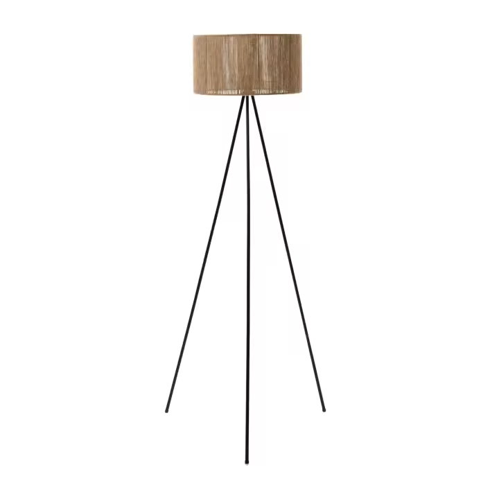 O91 - Lámpara de Pie Budi, Metal/Cáñamo, Salón, Comedor, Dormitorio, Recibidor, Diseño Moderno, 60W potencia, Casquillo E27, Dimensiones Ø42x148cm (diámetro x altura), Color Negro/Beige - 1