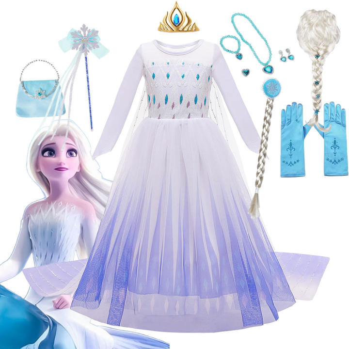 Disfraz De Princesa Elsa Transformable De Frozen 2 Vestido Blanco Con Capa Y Top Sequinado Frock De Malla Para Niñas Halloween Carnaval Ropa Talla True Mid-Calf