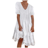 Vestido Midi De Verano Para Mujer Traf 2024 Estilo Bohemio Cuello En V Color Sólido Casual Manga Corta Cierre De Lazo Polyester - details 1