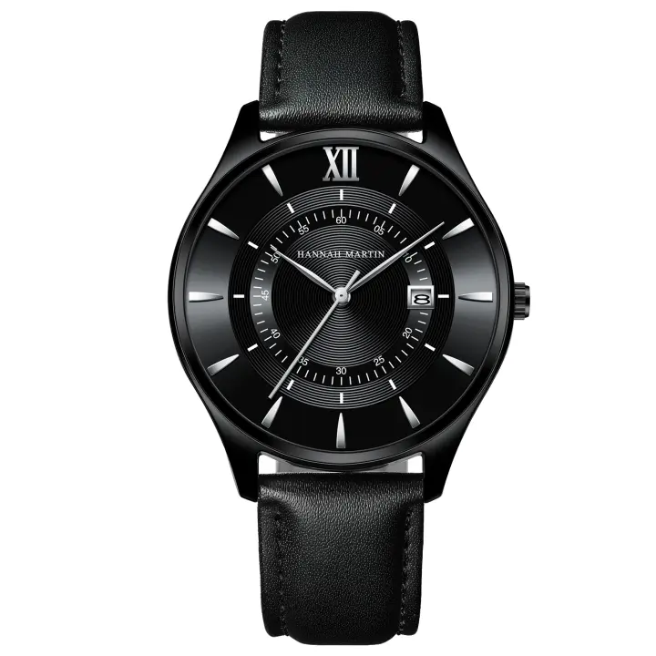 Reloj De Pulsera De Cuero Negro Hannah Martin 42mm Estilo Casual Y Moda Para Hombre Resistente Al Agua Y Al Shock Regalo Ideal - 1