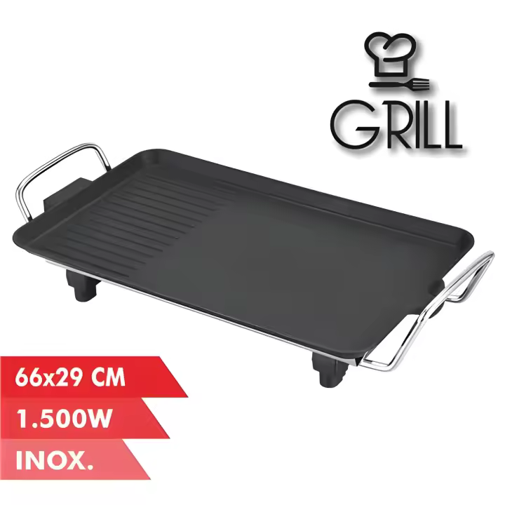 Muvip Plancha de Asar Eléctrica 1500W | Asas de Acero Inoxidable | Placa Antiadherente | Termostato Extraíble | Superficie 66x29cm - 1