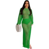 Vestido Midi Bodycon De Encaje Con Borlas Y Manga Larga Para Mujer Estilo Playa Fashion Hollow out Y Abertura Lateral Alta - details 20