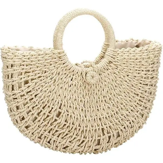 Bolsos de paja para Mujer, Bolso de paja tejido a mano con ASA superior y ASA de Aaro Redonda, Bolso de mano de trinquete para Playa de Verano. - 1