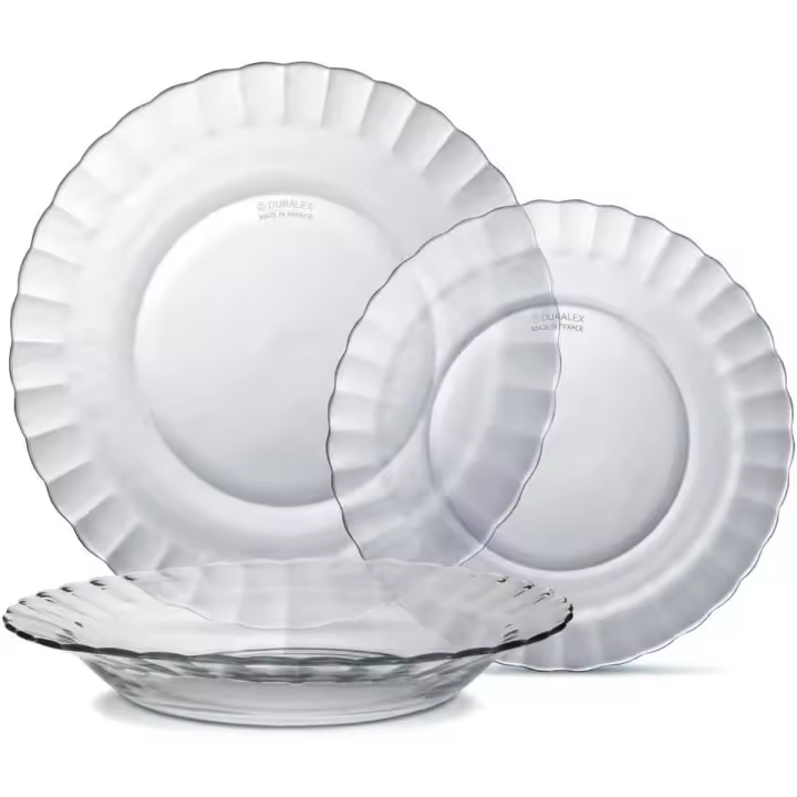 Duralex - Vajilla completa 12 Piezas de Vidrio Templado, Incluye 4 Platos Llanos de (23,5 cm), 4 Platos Hondos de (19,5 cm) y 4 Platos de Postre de (19 cm) - 1